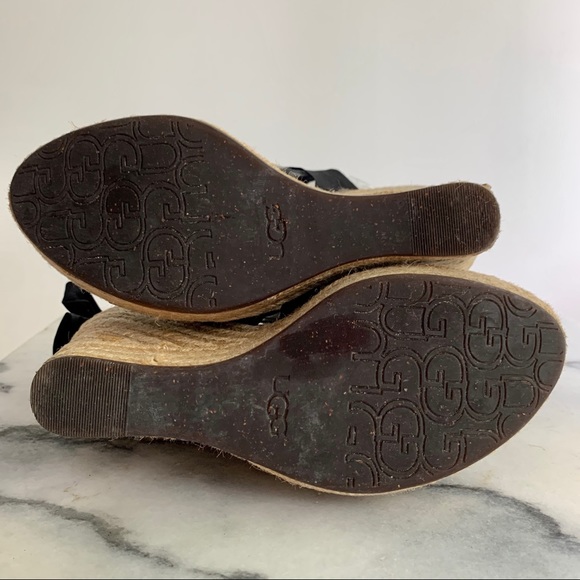 UGG espadrille wedge peekaboo toe sandal with ribbon ankle tie bow black fabric - Picture 6 of 8